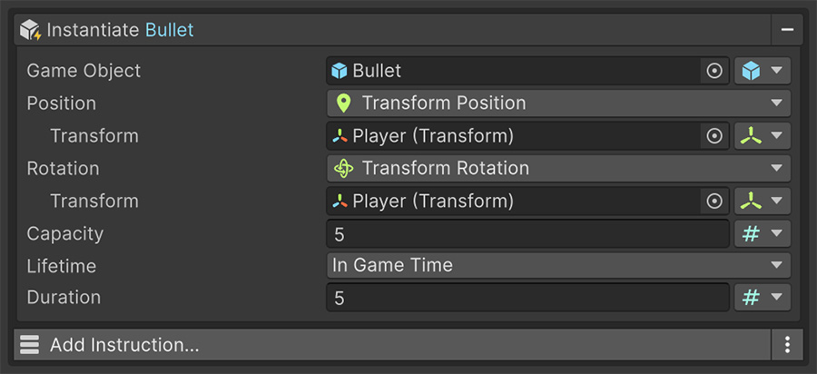 Event with instruction that instantiates from a pool