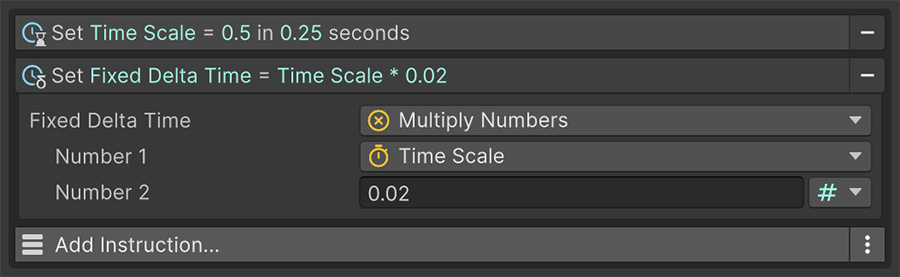 Event instructions change time scale and fixed delta time