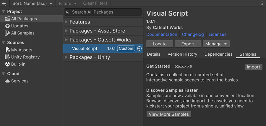 Package Manager window showing the Get Started samples