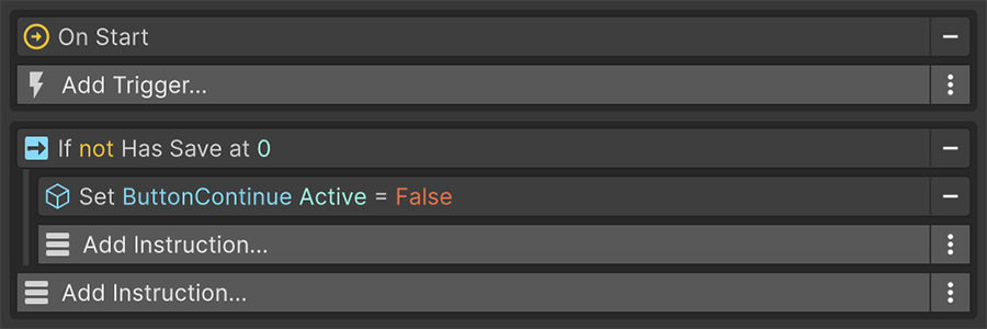 Event with a check if a saved game exists and displays the Continue button